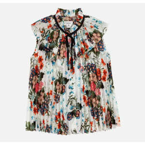 Erdem x H&M - White Floral Pleated Tie-Neck Blouse